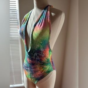 Psychedelic Neon Rainbow Tie Dye Velvet Plunge Bodysuit